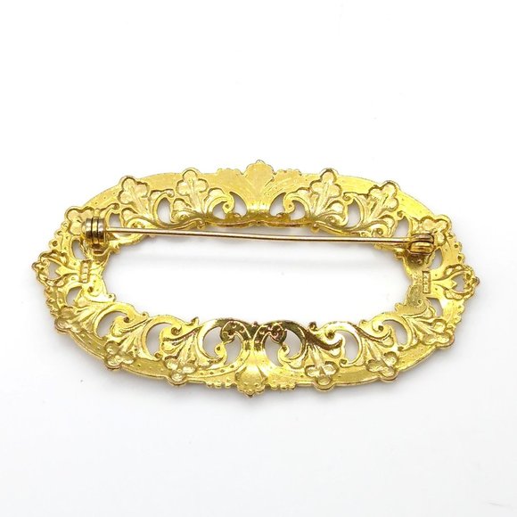Art Deco Style Filigree Brooch, Chic Vintage Gold Tone Oval, Elegant Lapel or Sc - Picture 4 of 4